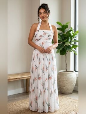 Fame and Partners White Halter Maxi Dress with Peach and Sage Floral